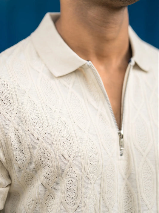 Raw Texture Cream Full Sleeve Polo T-Shirt
