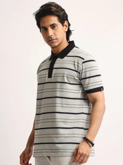 Neutral Stripe Grey, Black Half Sleeve Polo T-Shirt