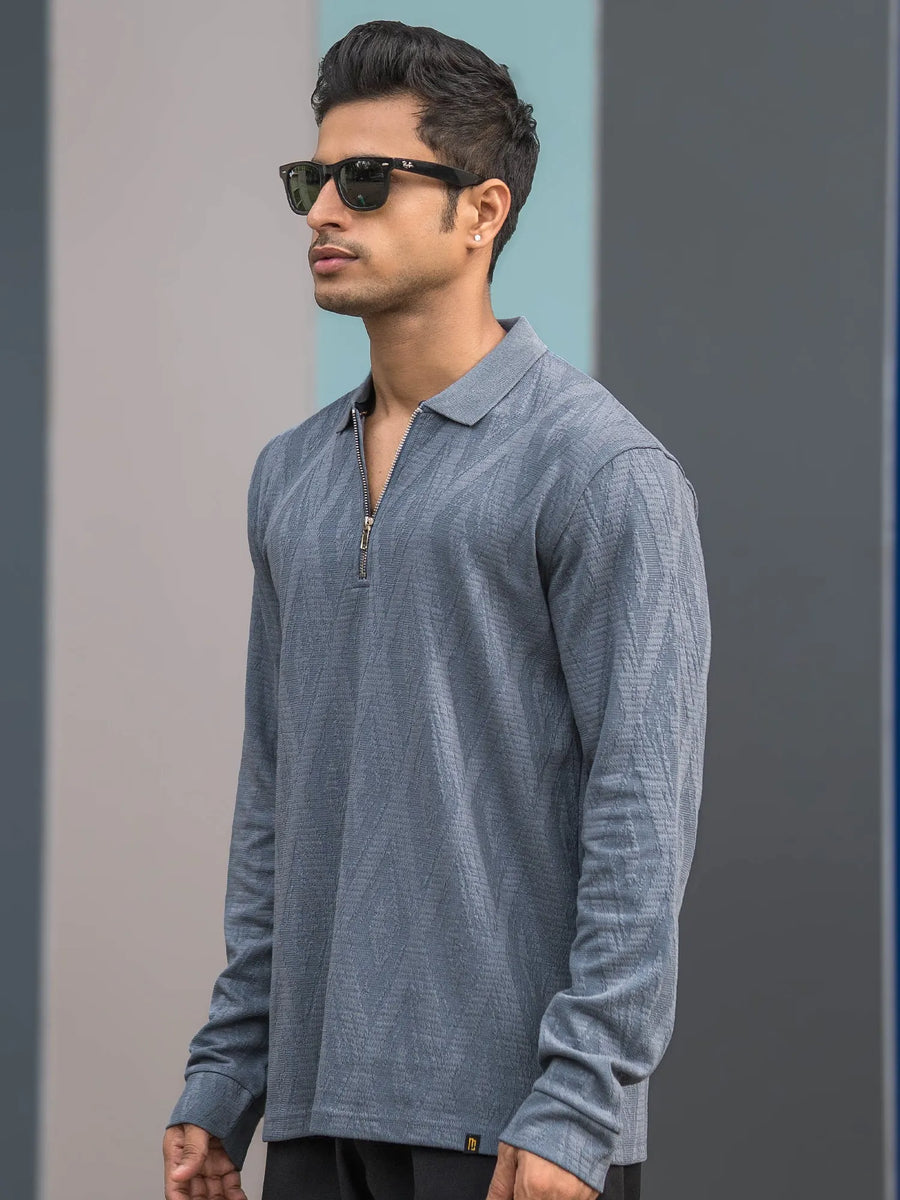 Opal Wave Light Grey Full Sleeve Polo T-Shirt