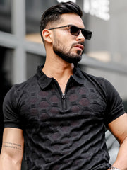 Diamond Knit Black Slim Half Sleeve Polo T-Shirt