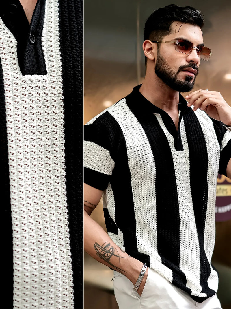 Vertical Stripe FlatKnit Cotton Black Half Sleeve Polo T-Shirt