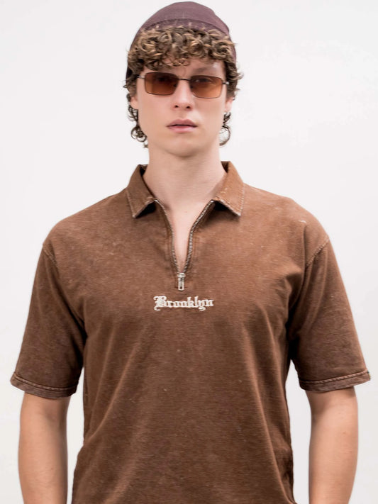 Washed Brooklyn Brown Half Sleeve Polo T-Shirt