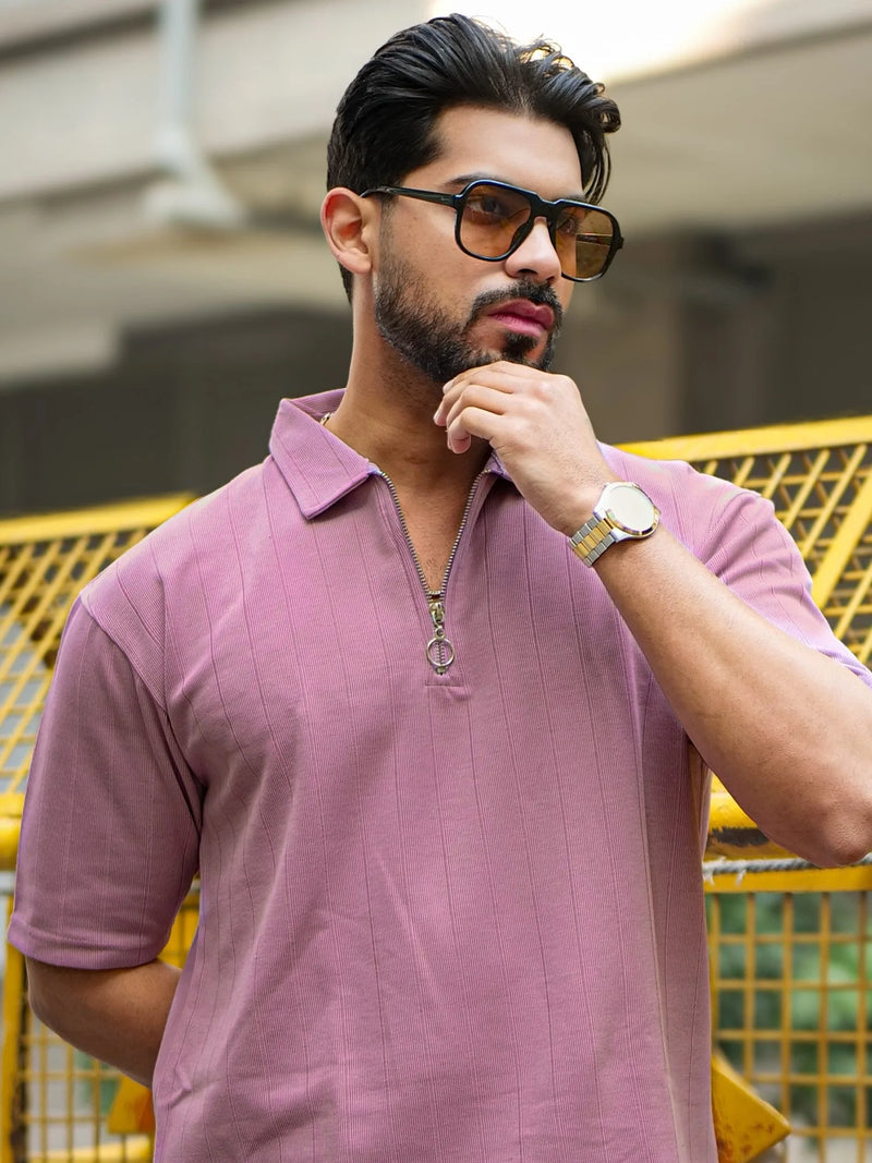 Brooklyn Half Zipper Pink Polo Half Sleeve T-Shirt
