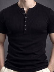 Black Ribbed Henley Neck Half Sleeve T-Shirt
