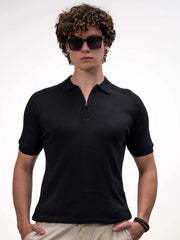 Luxe Knit Black Half Sleeve Polo Tshirt