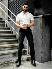 Flat Knit White Slim Polo Half Sleeve T-Shirt