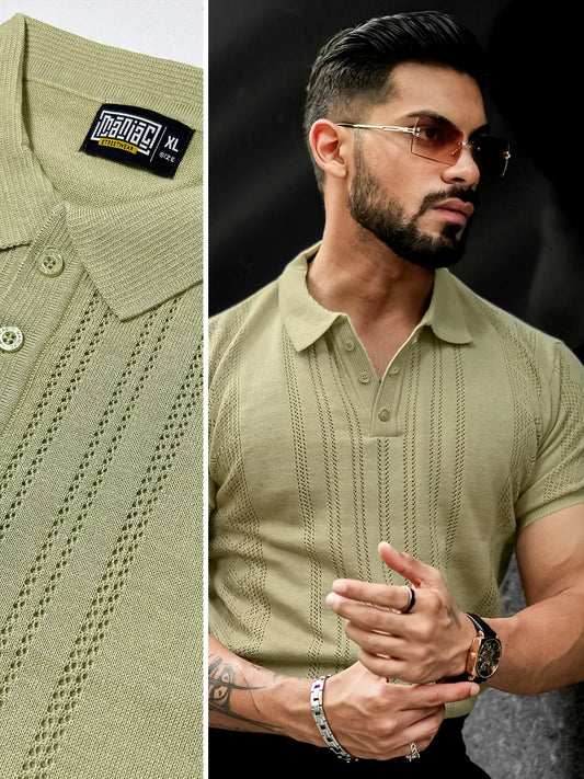 Flat Knit Beige Slim Half Sleeve Polo T-Shirt