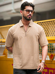 Brooklyn Half Zipper Beige Polo Half Sleeve T-Shirt