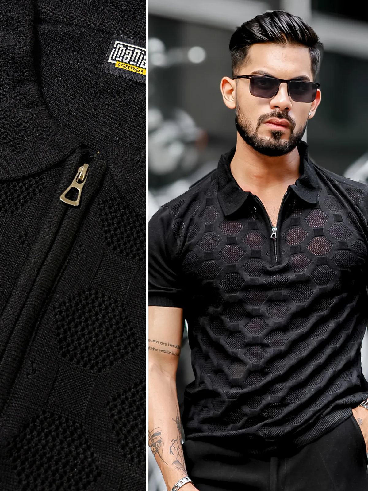 Black half sleeve diamond knit slim polo t-shirt for men