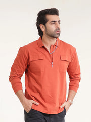 Cargo Pocket Rust Full Sleeve Polo T-Shirt