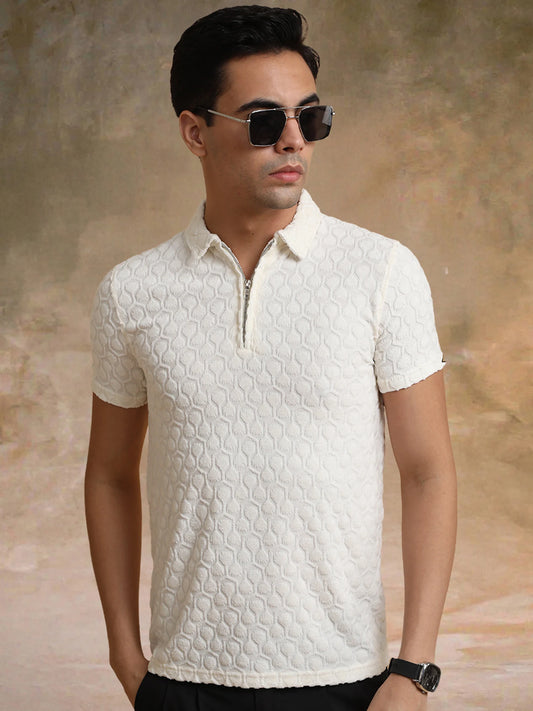 Puff Terry Cream Half Sleeve Polo T-Shirt
