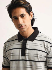 Neutral Stripe Grey, Black Half Sleeve Polo T-Shirt