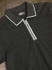 Pointel HalfZipper Olive Half Sleeve Polo T-Shirt