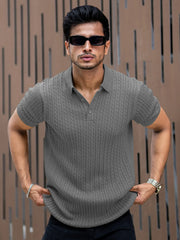 Grey Knit Half Sleeve Polo T-Shirt