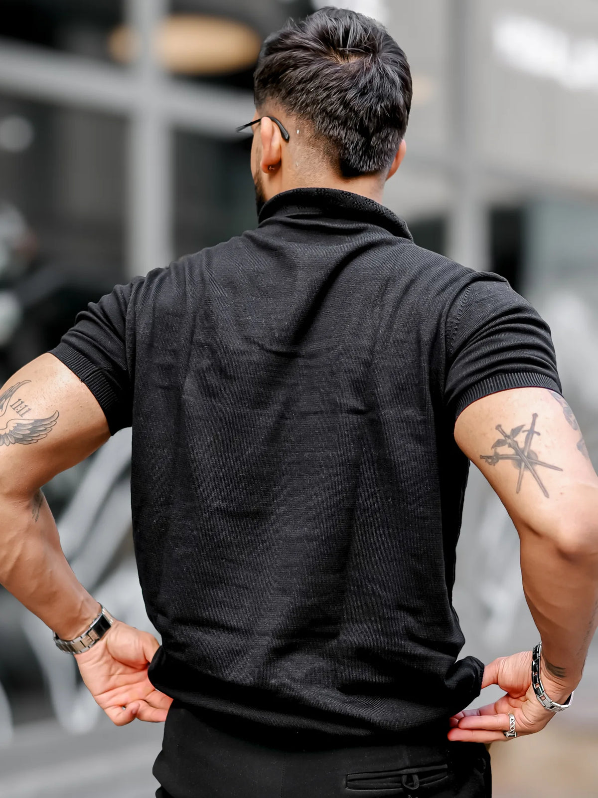 Black half sleeve diamond knit slim polo t-shirt for men - view 7