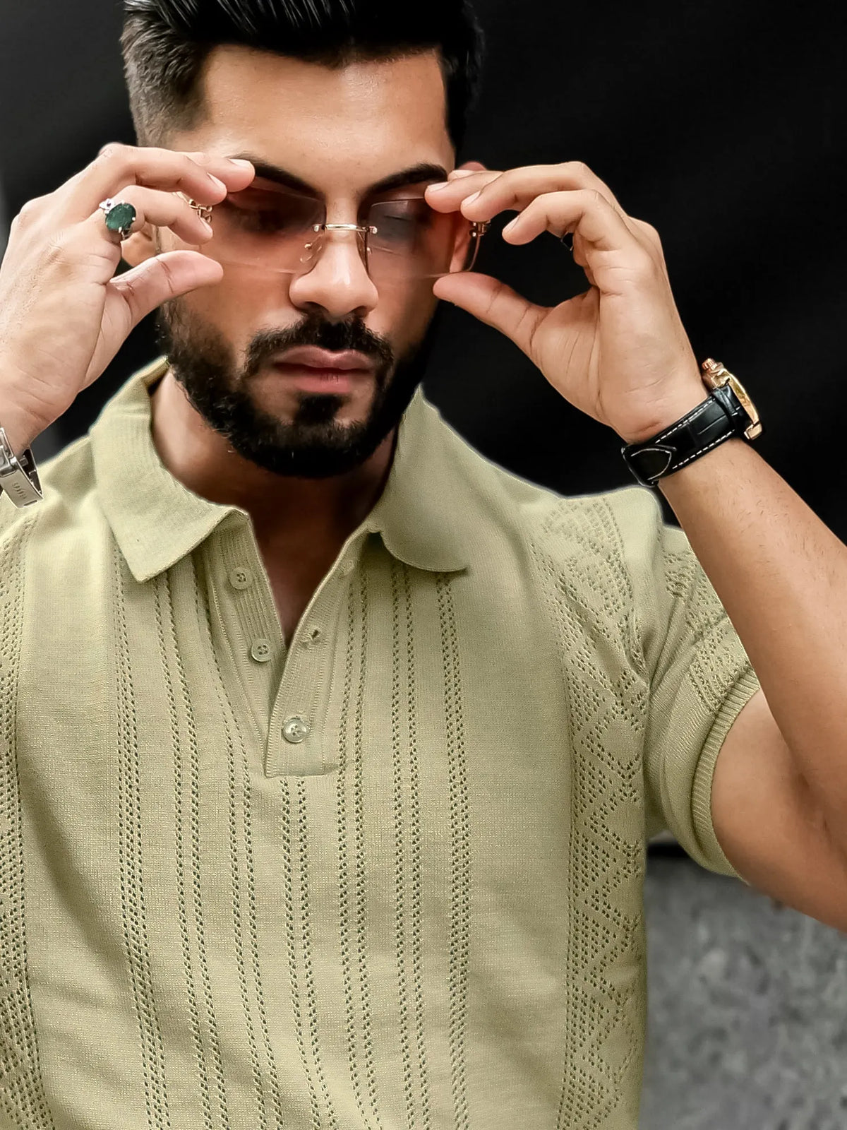 Beige half sleeve flat knit slim polo t-shirt for men - view 5
