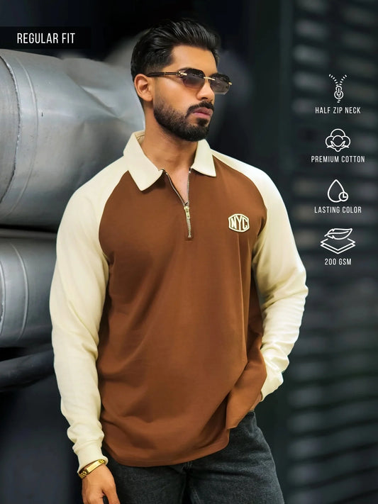 NYC Brown Full Sleeve Polo T-Shirt