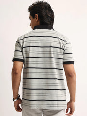 Neutral Stripe Grey, Black Half Sleeve Polo T-Shirt