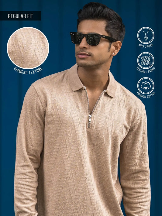Opal Wave Beige Full Sleeve Polo T-Shirt