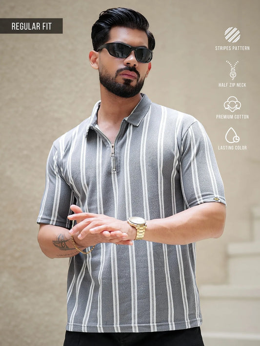 Line Strip Grey Half Sleeve Polo T-Shirt