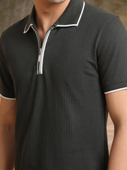 Pointel HalfZipper Olive Half Sleeve Polo T-Shirt
