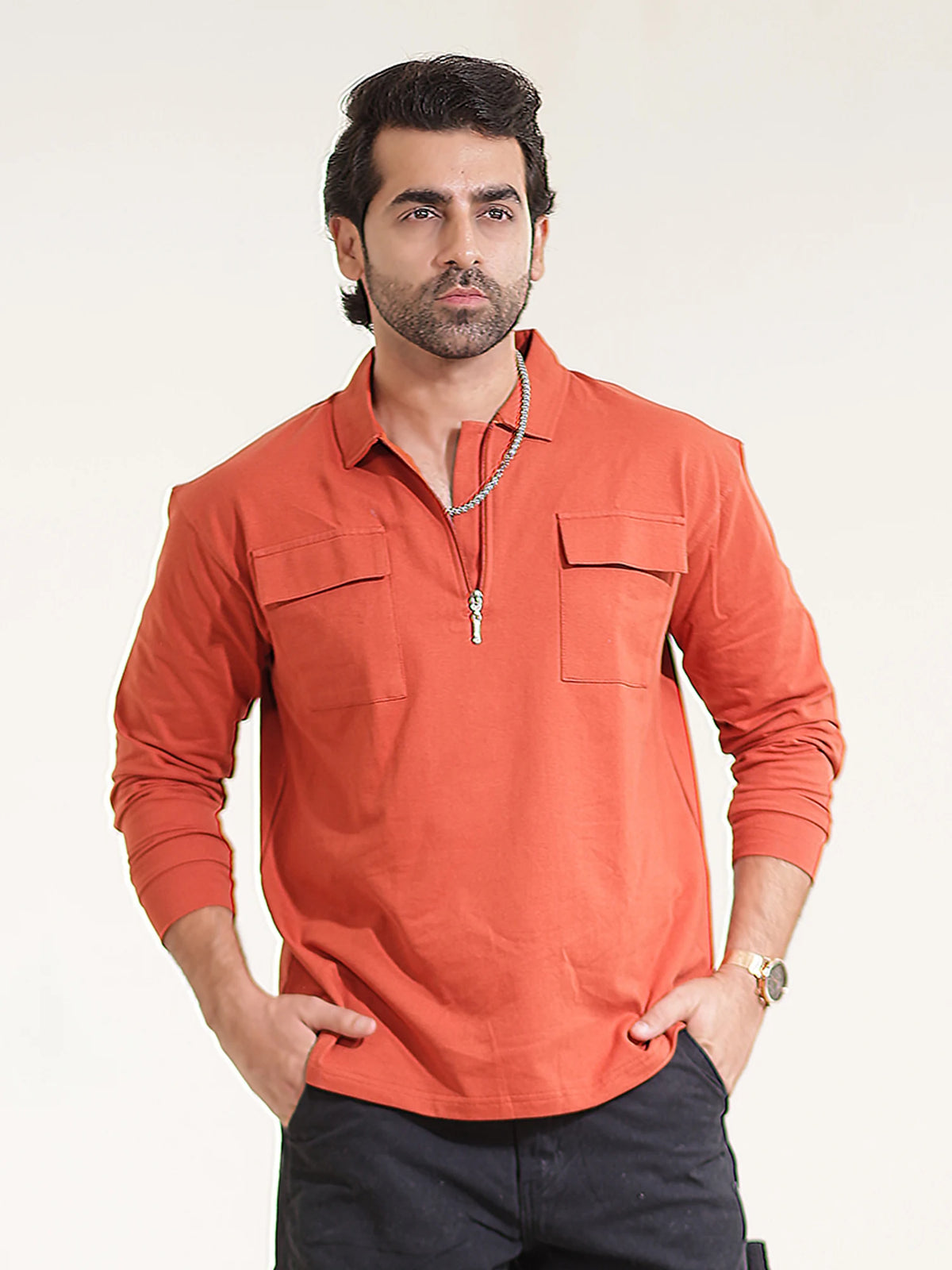 Rust full sleeve pocket polo t-shirt for men