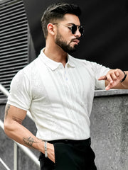 Flat Knit White Slim Polo Half Sleeve T-Shirt