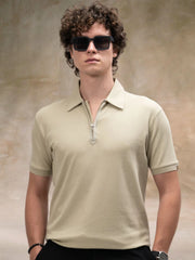 Beige Half Zipper Polo Half Sleeve T-Shirt