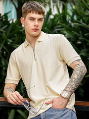 Marble Grid Cream Half Sleeve Polo T-Shirt