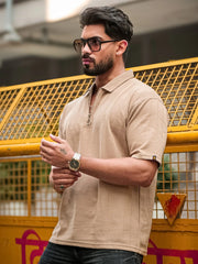 Brooklyn Half Zipper Beige Polo Half Sleeve T-Shirt
