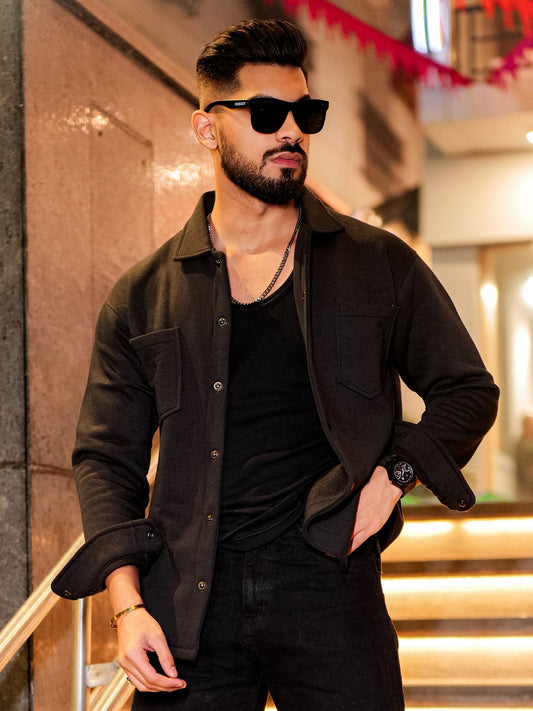 Double Pocket Black Full Sleeve Shacket
