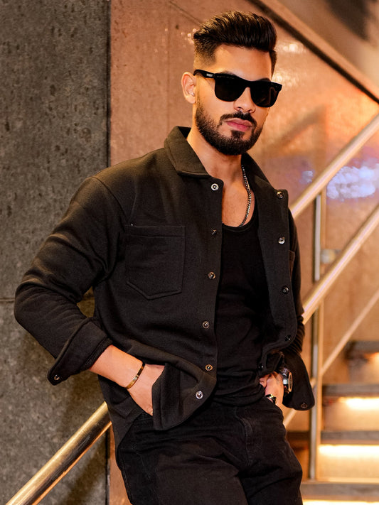 Double Pocket Black Full Sleeve Shacket