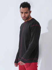 Corn Stitch Black Oversized Full Sleeve T-Shirt