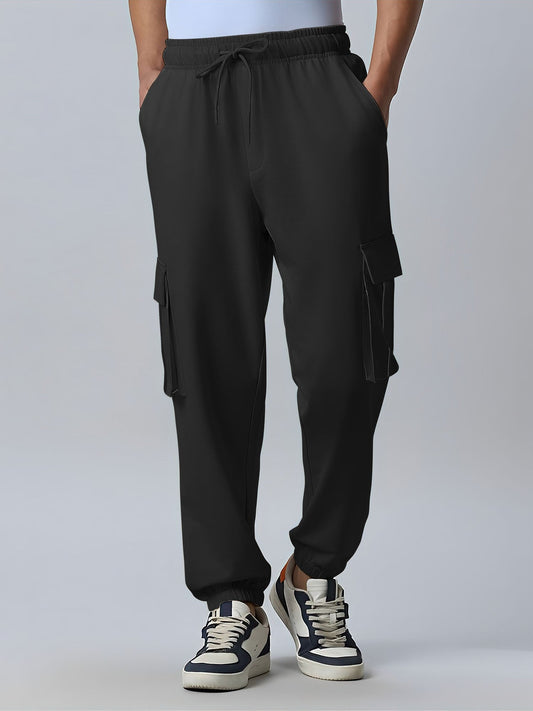 Double Pocket Solid Black Loose fit Cargo