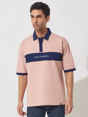 California Pink & Navy Oversized Half Sleeve Polo T-Shirt
