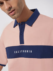 California Pink & Navy Oversized Half Sleeve Polo T-Shirt