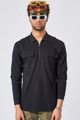 Cargo Pocket Black Zipper Full Sleeve Polo T-Shirt