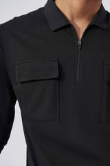 Cargo Pocket Black Zipper Full Sleeve Polo T-Shirt