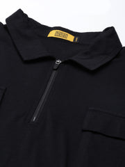 Cargo Pocket Black Zipper Full Sleeve Polo T-Shirt