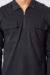 Cargo Pocket Black Zipper Full Sleeve Polo T-Shirt