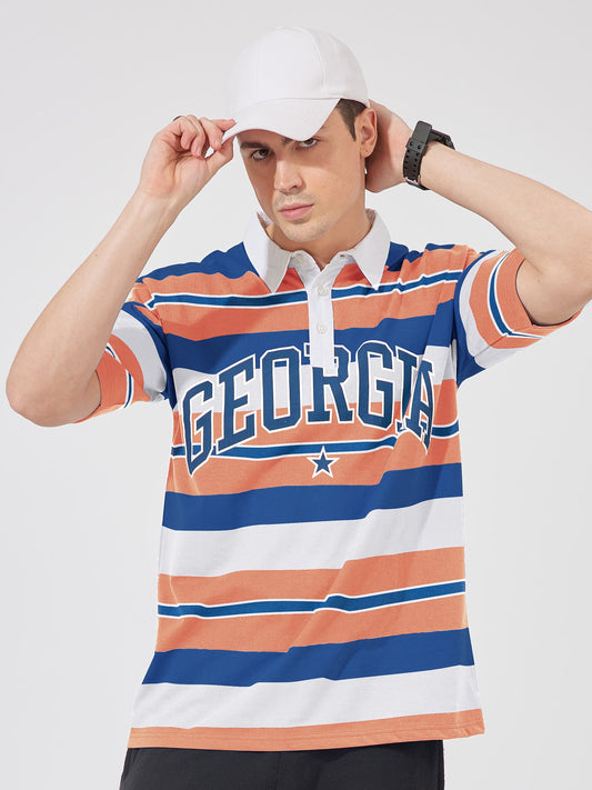 Georgia Oversized Orange Striped Half Sleeve Polo T-Shirt