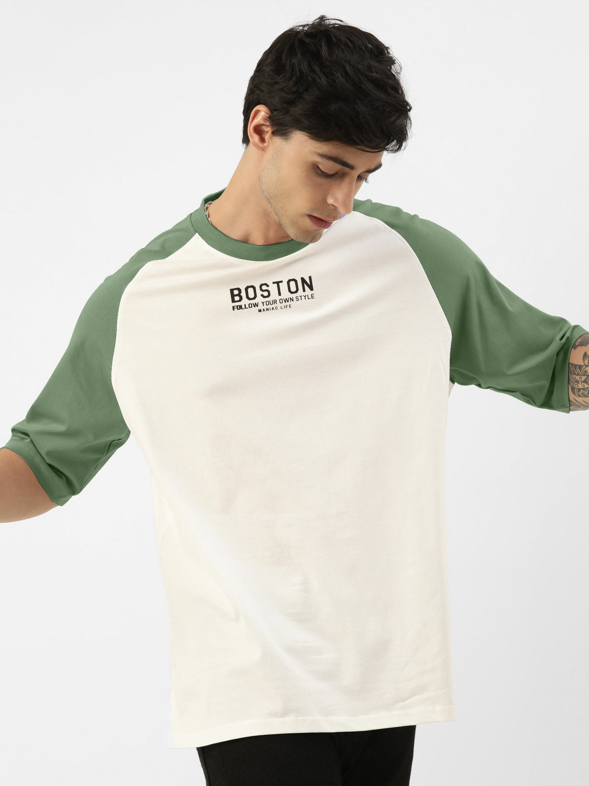 Hunter green half sleeve boston white oversized t-shirt for men - view 4