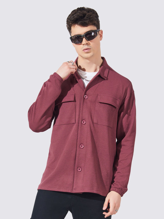 Double Pocket Solid Burgundy Full Sleeve Shacket