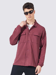 Double Pocket Solid Burgundy Full Sleeve Shacket
