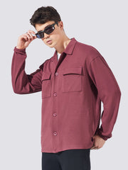 Double Pocket Solid Burgundy Full Sleeve Shacket