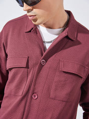 Double Pocket Solid Burgundy Full Sleeve Shacket