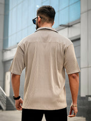 Stripe Textured Beige Half Sleeve Shirt