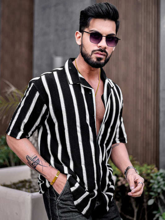 Popcorn Knit Vertical Stripe Black Half Sleeve Shirt