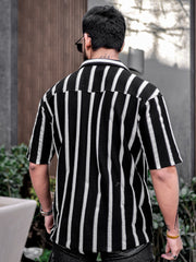 Popcorn Knit Vertical Stripe Black Half Sleeve Shirt