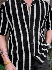 Popcorn Knit Vertical Stripe Black Half Sleeve Shirt